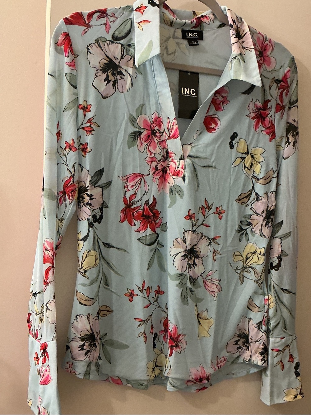 INC International Concepts Light Blue Floral Button-Front Blouse